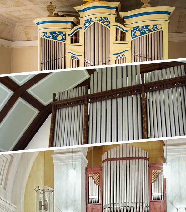 (v.l.n.r.) Mehmel-Orgel (1875) in Spornitz, Eule-Orgel (1911) in Klaffenbach, Steinmeyer-Orgel (1914) in Maikammer 